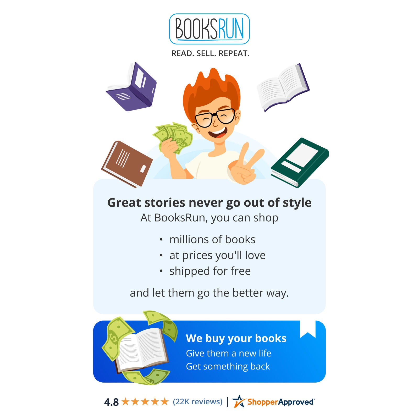 BooksRun offers a platform to buy and sell books at great prices, featuring a happy character with money and books.
