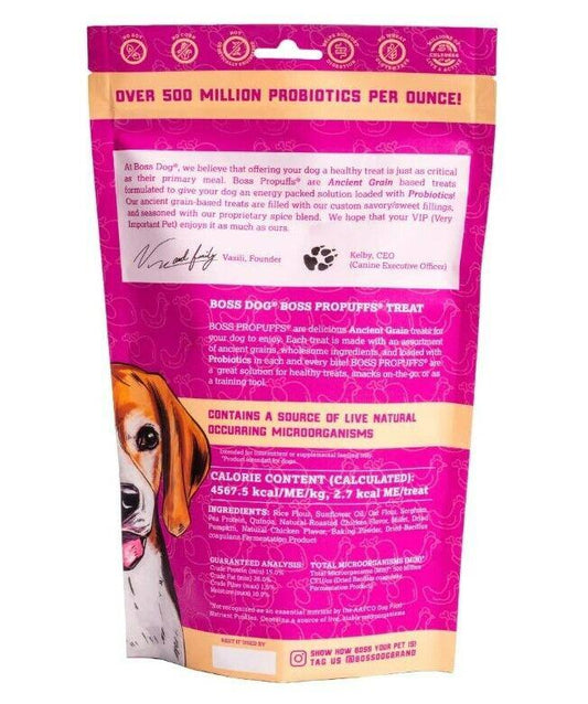 Boss Dog Boss Probiotic Treats package featuring a beagle design and probiotic information.