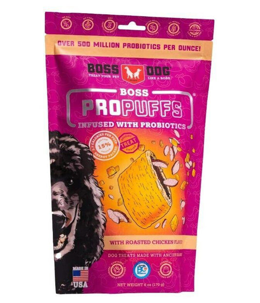 Boss ProPuffs infused with probiotics, featuring roasted chicken flavor in a vibrant pink bag.