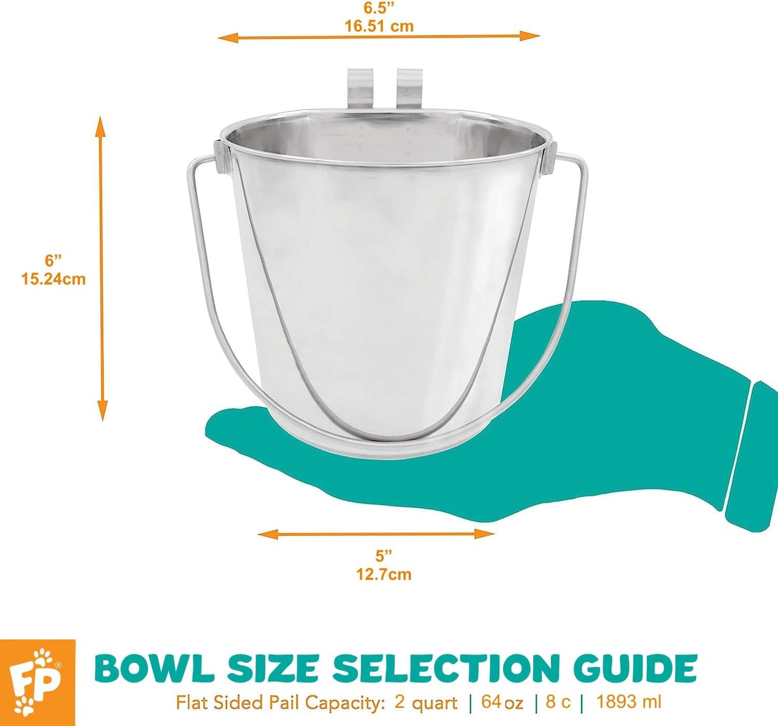 Bowl Size Selection Guide featuring a flat sided pail with a 2 quart capacity, held in a hand.