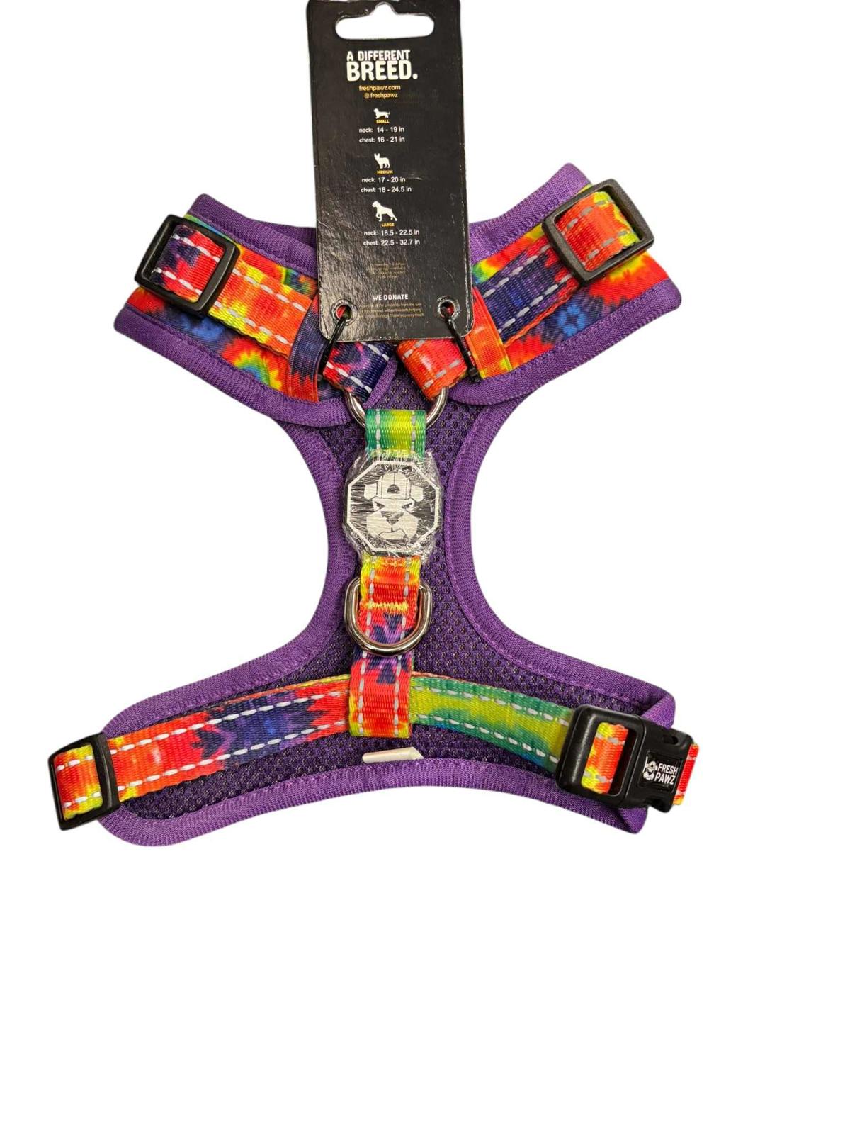 Breeo rainbow dog harness featuring a vibrant multicolor design and adjustable straps.