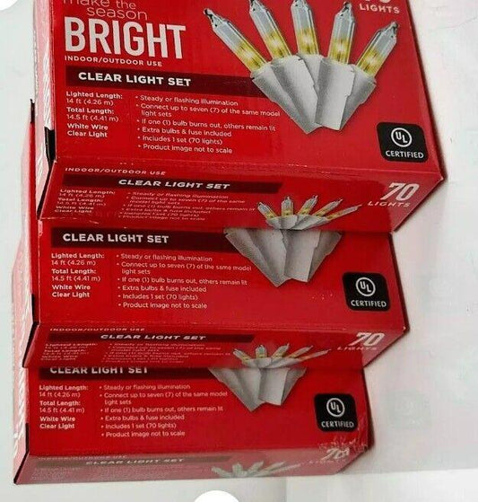Bright clear light set featuring 70 lights in a festive packaging for indoor and outdoor use.