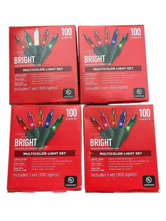 Bright multicolor light set with 100 lights in red packaging, ideal for festive decorations.