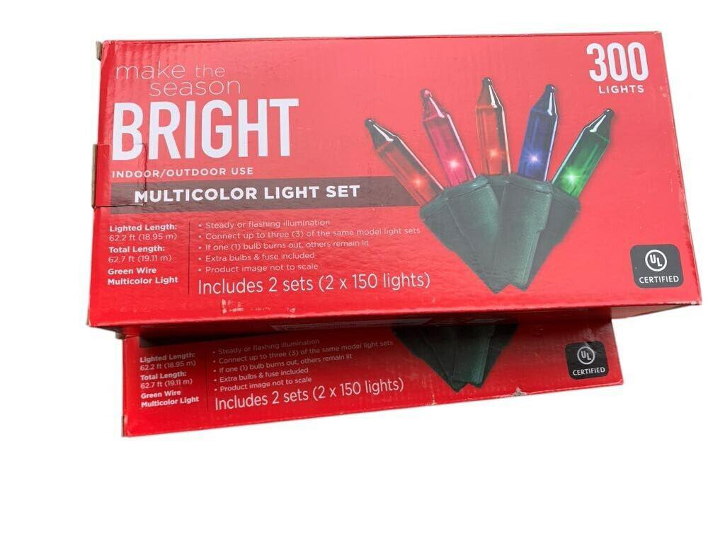 Bright multicolor light set with 300 lights, featuring red, green, and blue bulbs in a festive box.