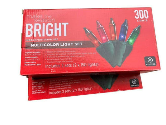 Bright multicolor light set with 300 lights, featuring red, green, and blue bulbs in a festive box.