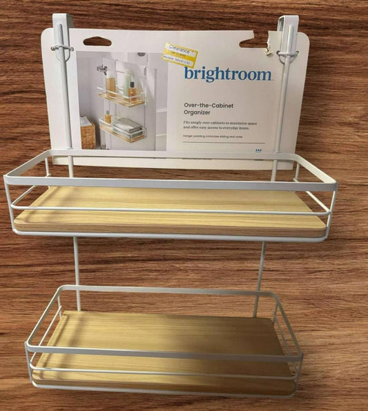 Brightroom over-the-cabinet organizer with two metal shelves and wooden accents.