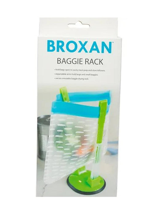 Broxan Baggie Rack featuring a green and blue design for easy food storage and organization.