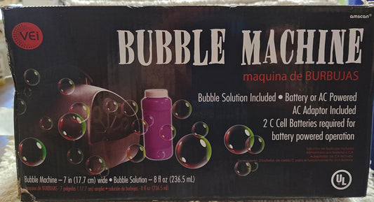 Bubble Machine with included bubble solution and AC adapter for operation.