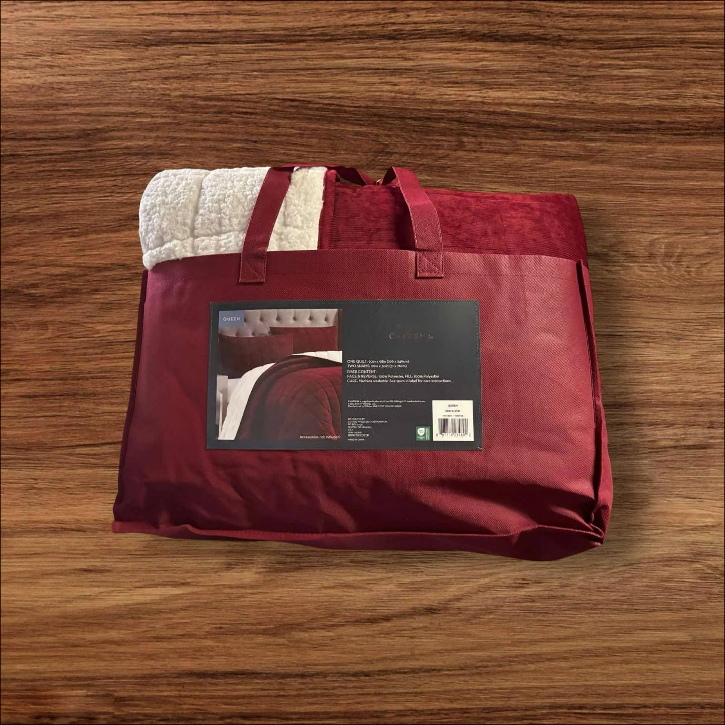 Burgundy Comforter Set packaged in a stylish tote bag with a cream throw.
