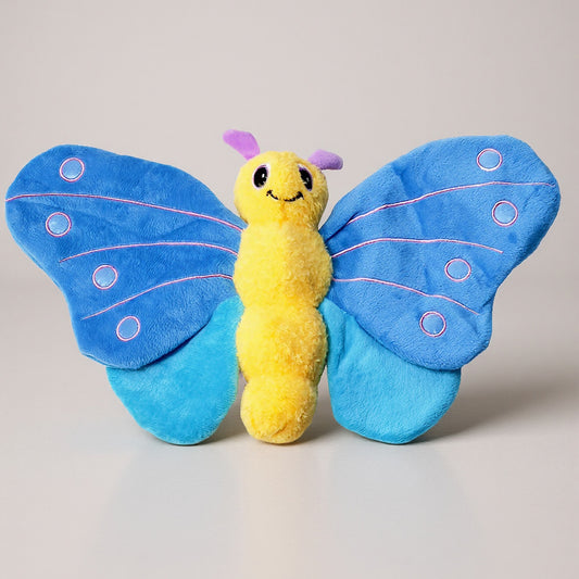 Butterfly plush toy with blue wings and a yellow body, featuring smiling face and colorful details.