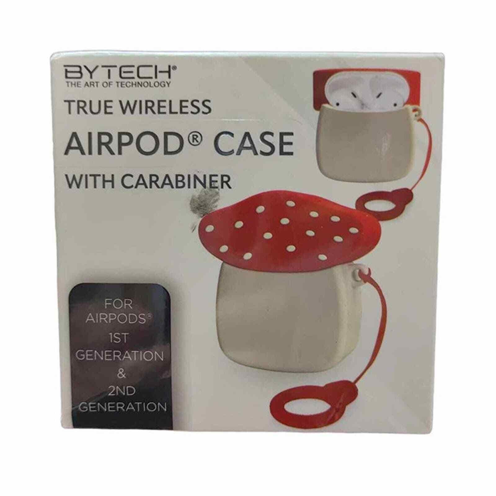BYTECH AirPod case with carabiner, featuring a playful mushroom design in red and white.