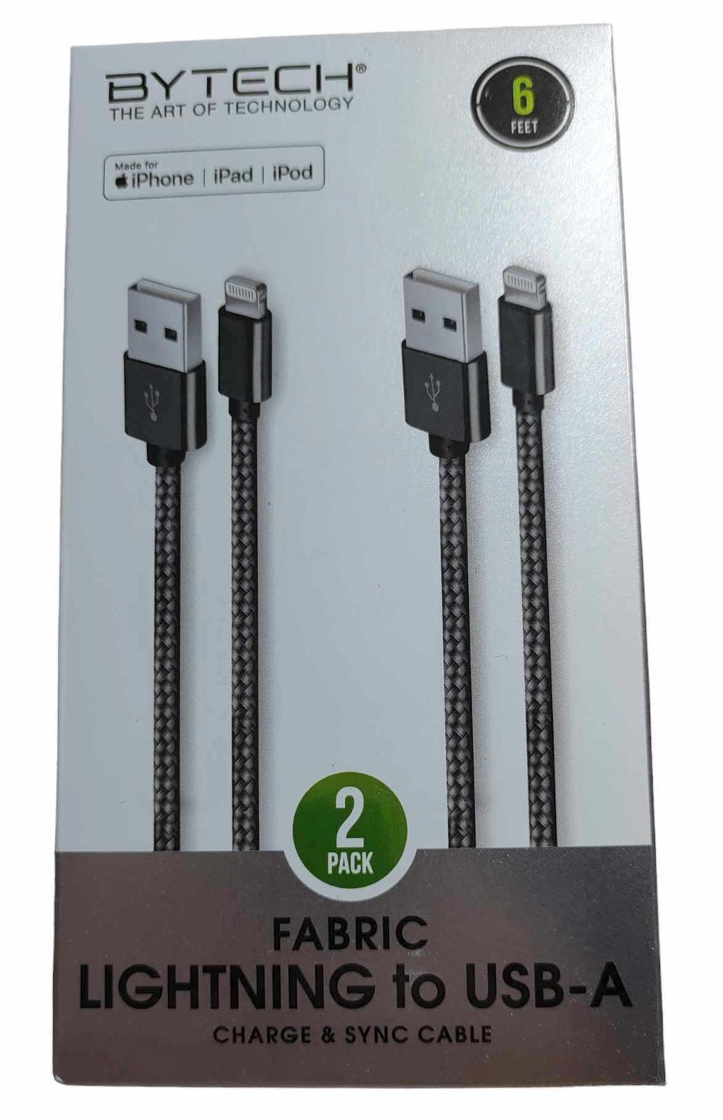 BYTECH fabric lightning to USB-A cables, 6 feet long, 2 pack for charging and syncing devices.