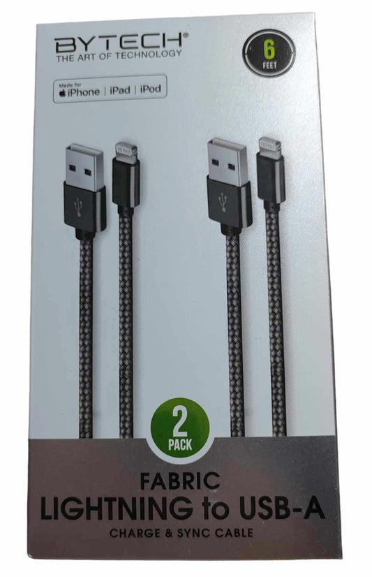 BYTECH fabric lightning to USB-A cables, 6 feet long, 2 pack for charging and syncing devices.