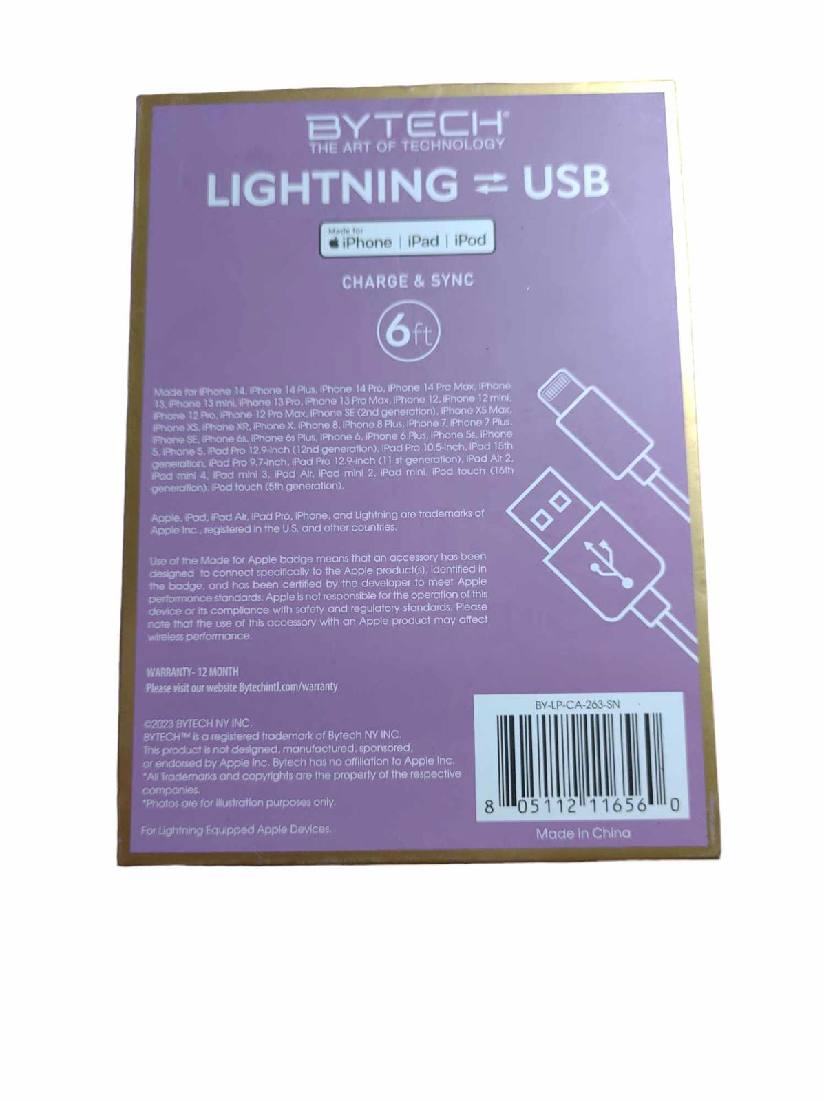 Bytech Lightning to USB cable for iPhone and iPad, 6 feet long, ideal for charging and syncing.