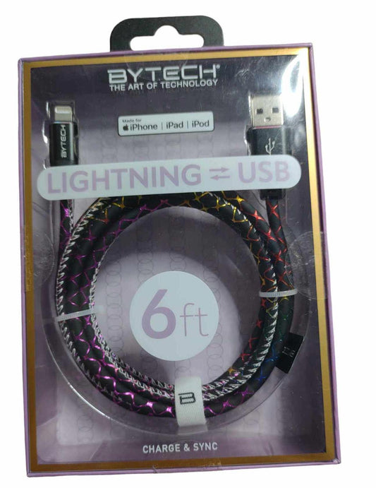 BYTECH 6ft lightning USB cable for charging and syncing devices, featuring a colorful braided design.