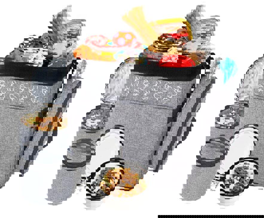 Dog Travel Bag for Supplies - Includes Travel Bag, Travel Dog Bowls, Food Grey