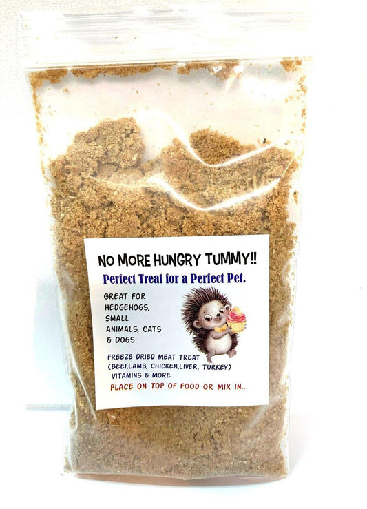 No More Hungry Tummy! treat for hedgehogs and small pets, featuring a blend of dried meat.