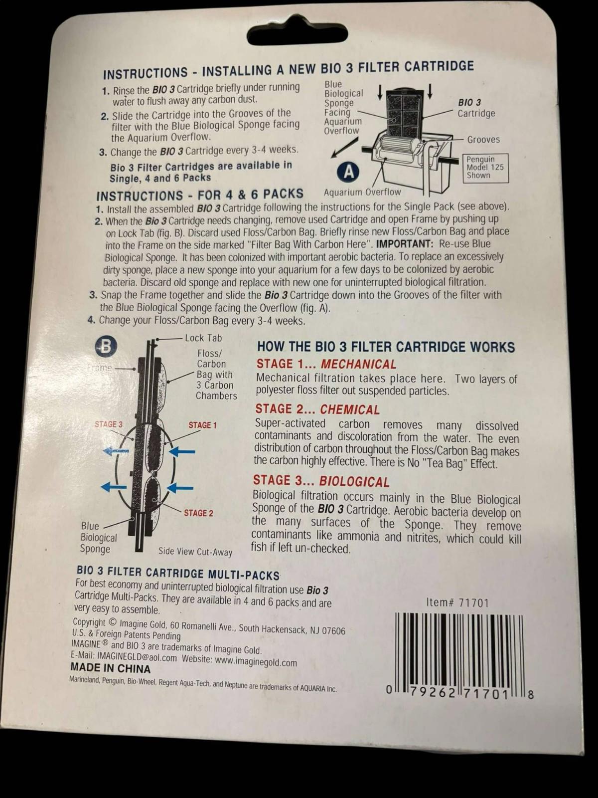 Imagine Bio 3 Filter Cartridge 1pk Fits Penguin Size 170/330& Aqua Tech Filters