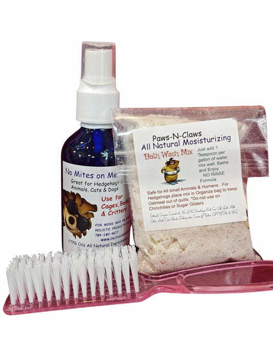 Paws-N-Claws All Natural Moisturizing Bath Wash Mix alongside No Mites on Me spray for pets.