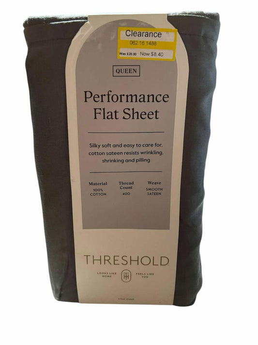 QUEEN Threshold 400 Thread Count Performance Flat Sheet Sateen GRAY  100% Cotton