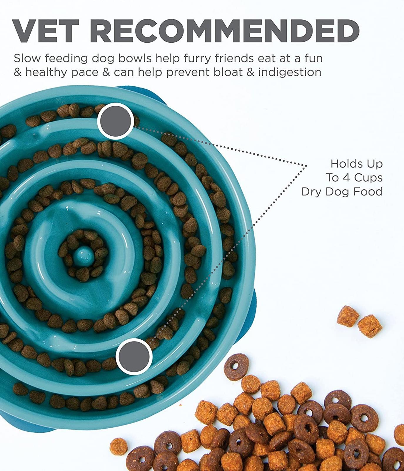 Vet Recommended slow feeding dog bowl helps prevent bloat and indigestion with fun design.