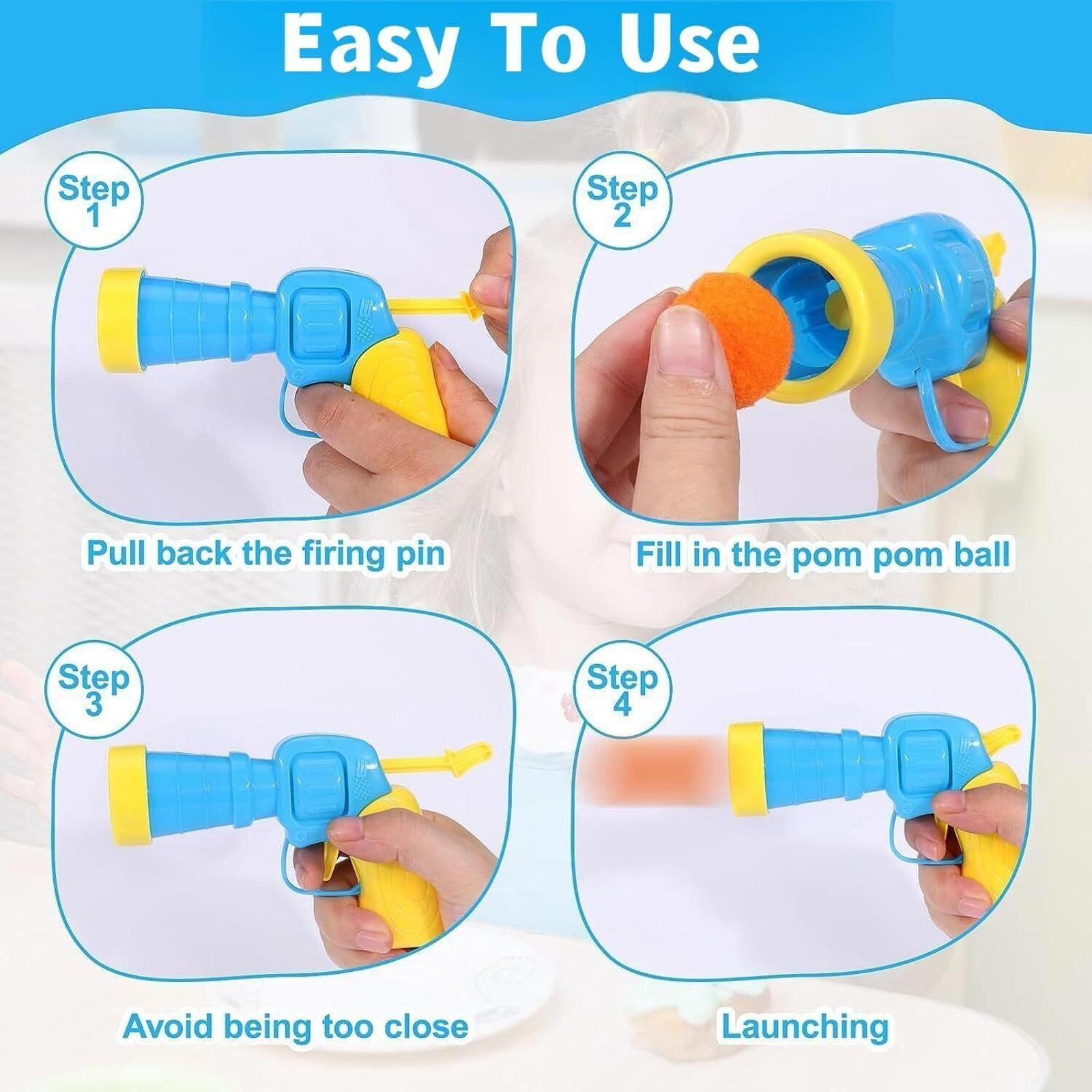 Pom Pom Shooter toy with easy-to-use instructions for launching pom balls.