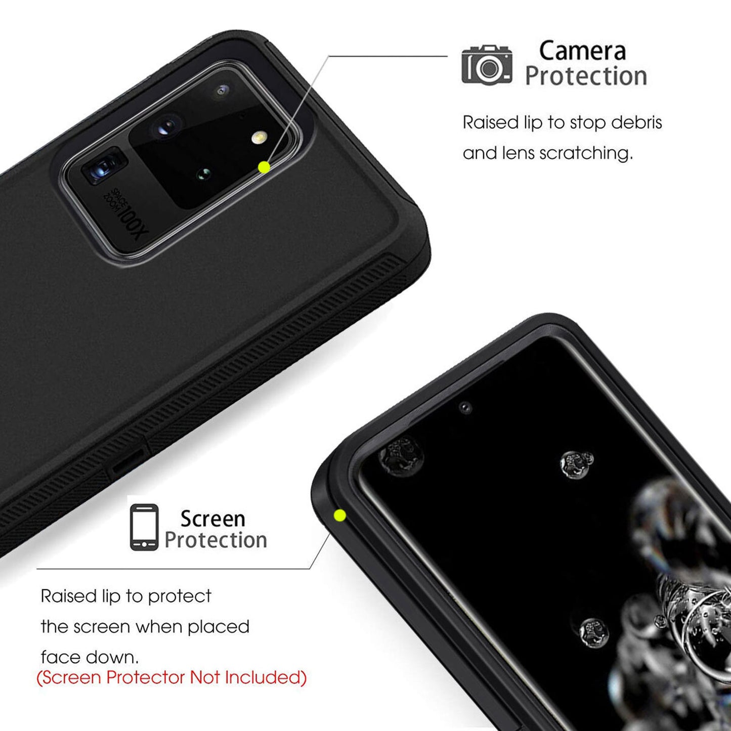 Camera protection case for smartphone with raised lip to prevent scratches and debris.