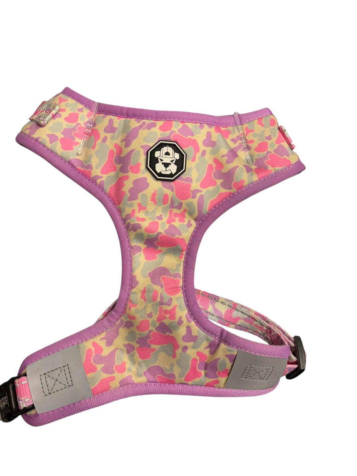 Pink Camo Dog Harness featuring a stylish design and adjustable straps.