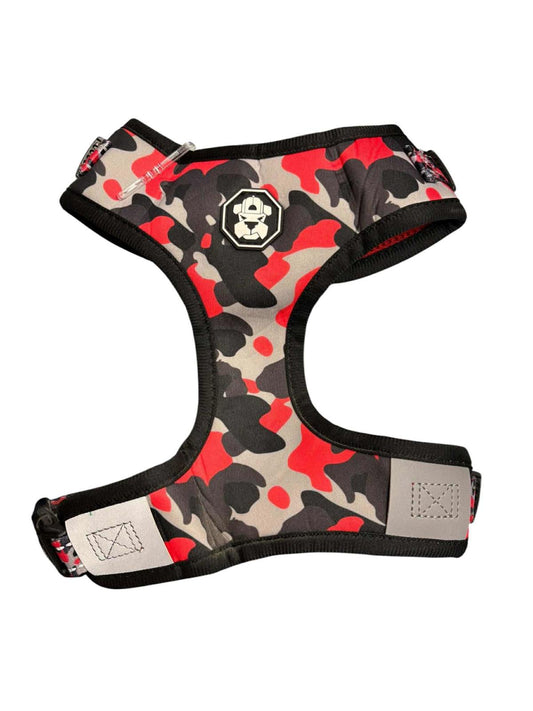 Camo Dog Harness featuring a red and gray camouflage pattern with adjustable straps.