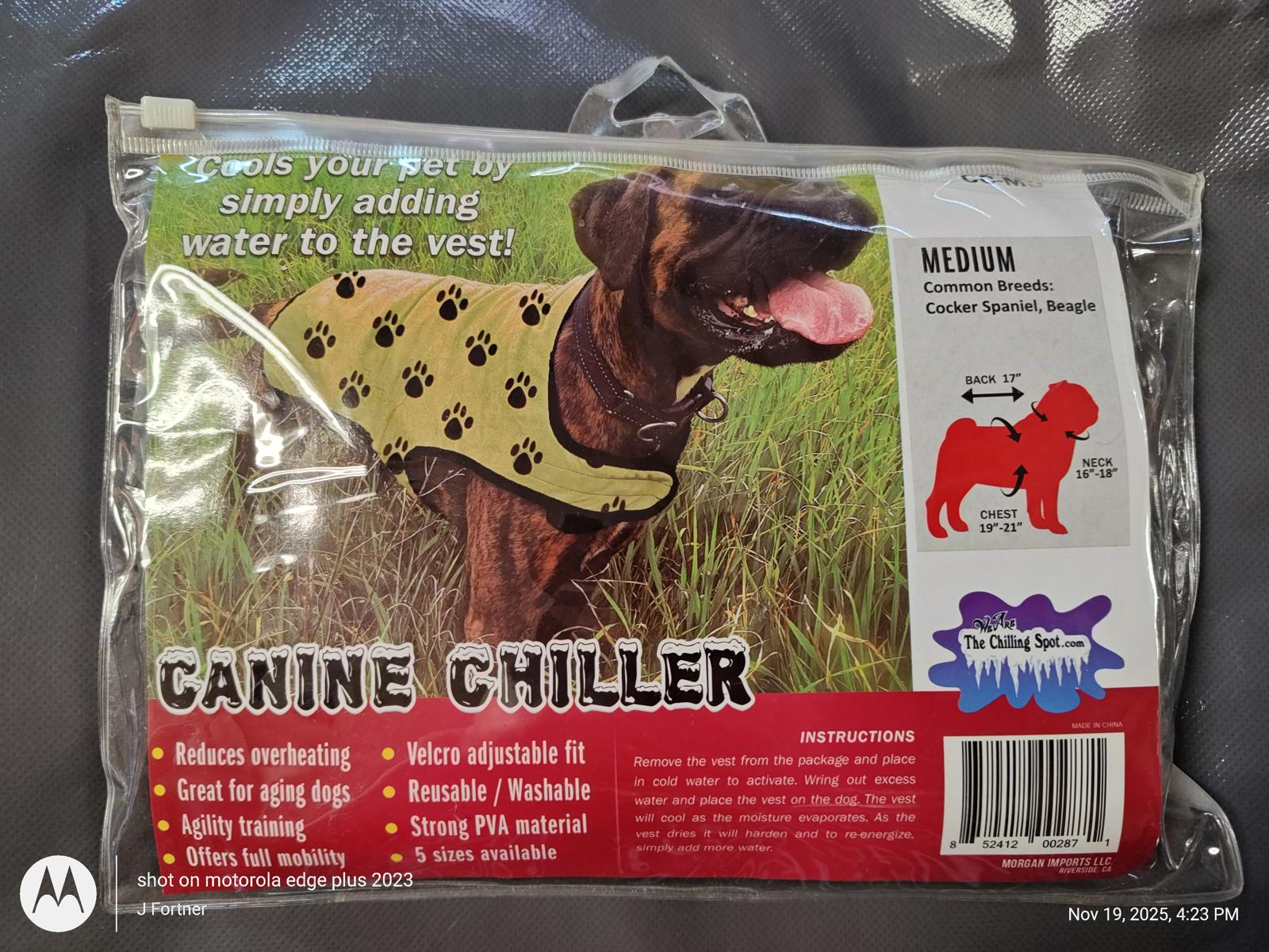 Canine Chiller dog vest in medium size, designed for cooling with adjustable fit and washable material.