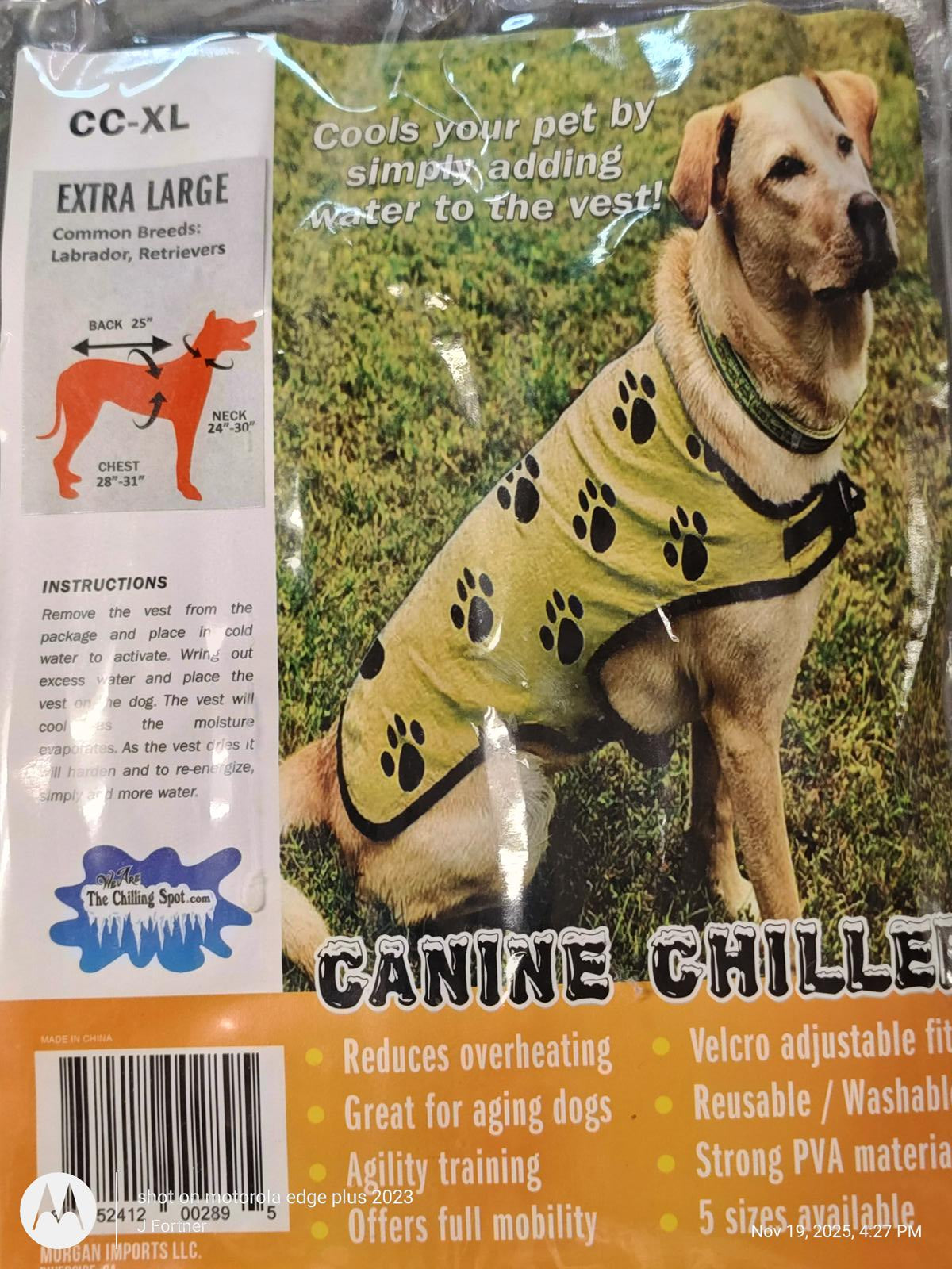 Canine Chiller pet cooling vest in yellow with paw prints, designed for extra large dogs.