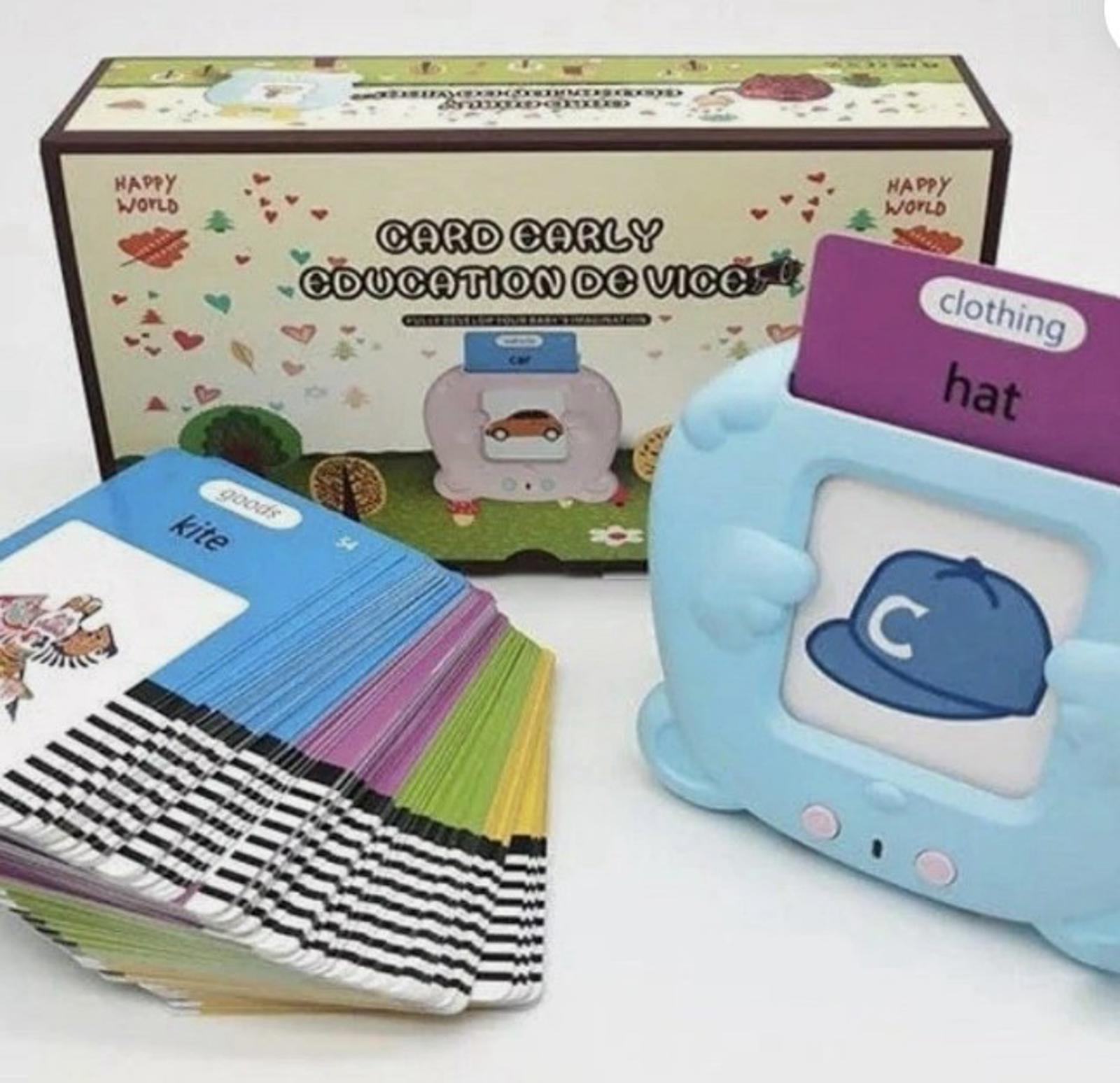 Educational toy Card Early featuring a blue device and colorful flashcards for teaching clothing vocabulary.