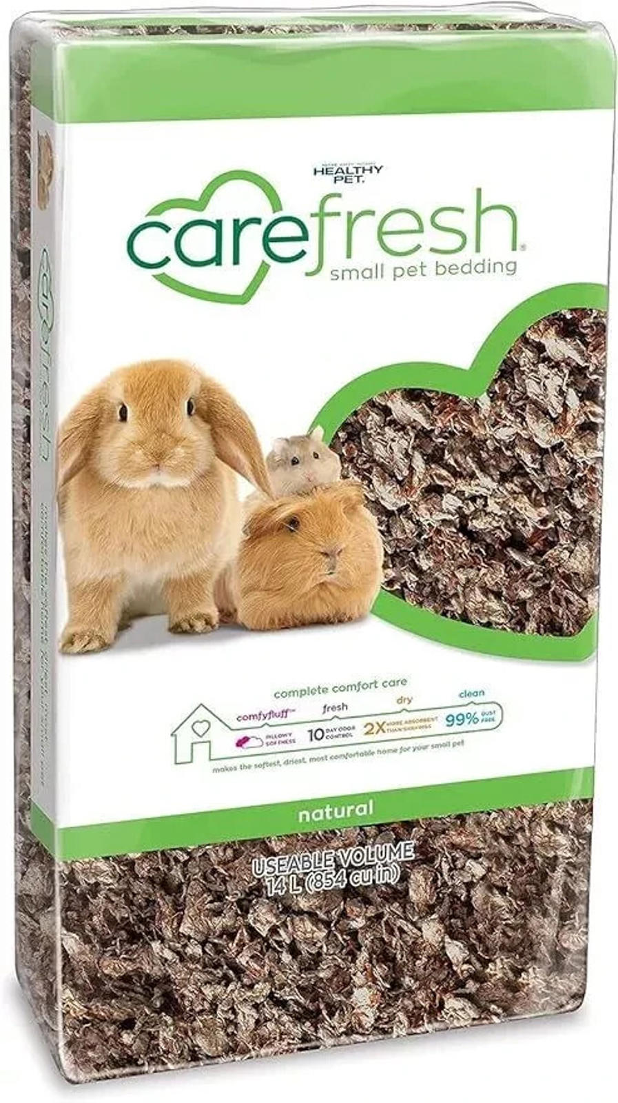 Carefresh small pet bedding in natural color, featuring a cute rabbit and hamster on the packaging.