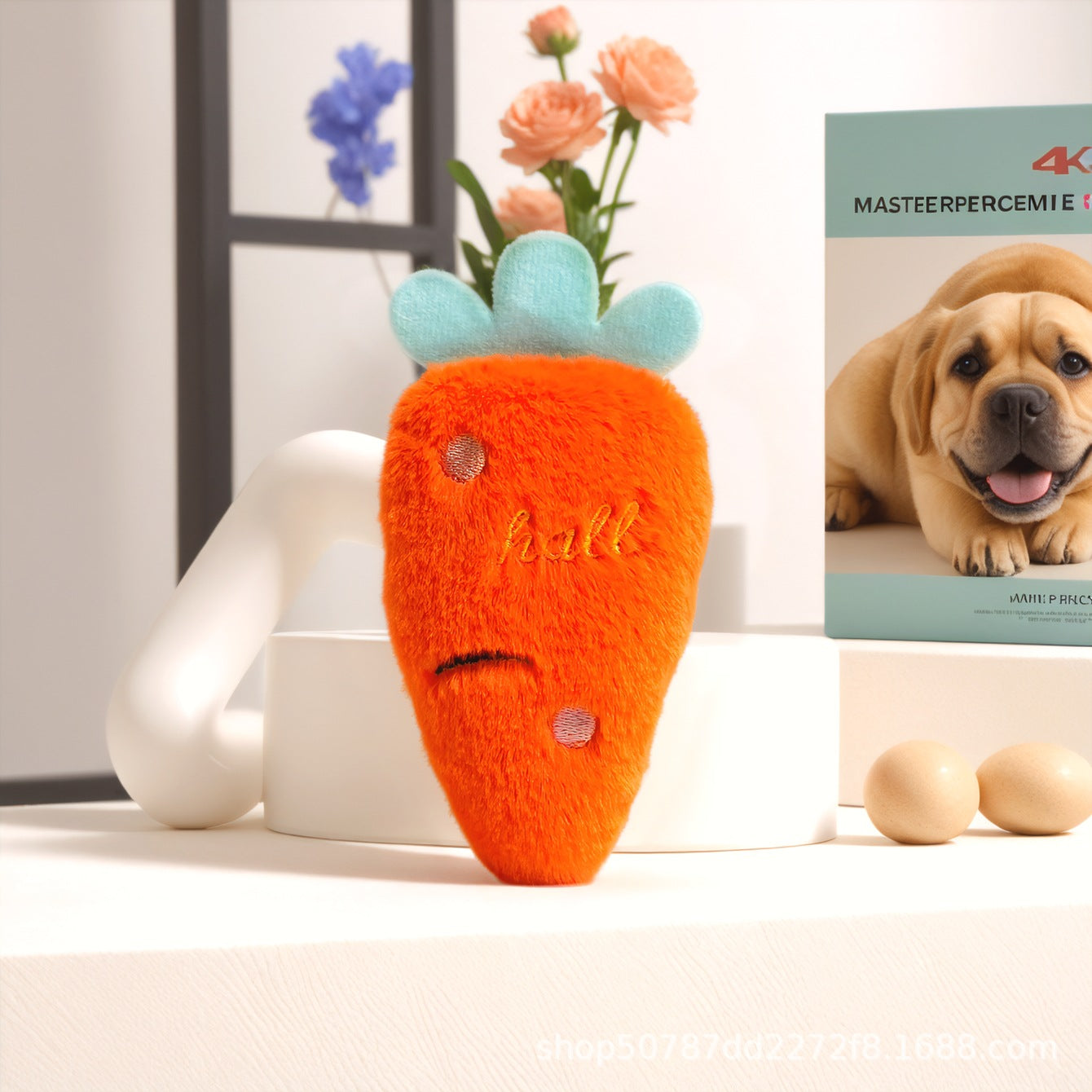 Carrot Plush Toy for Dogs with soft orange fabric and blue top leaves.