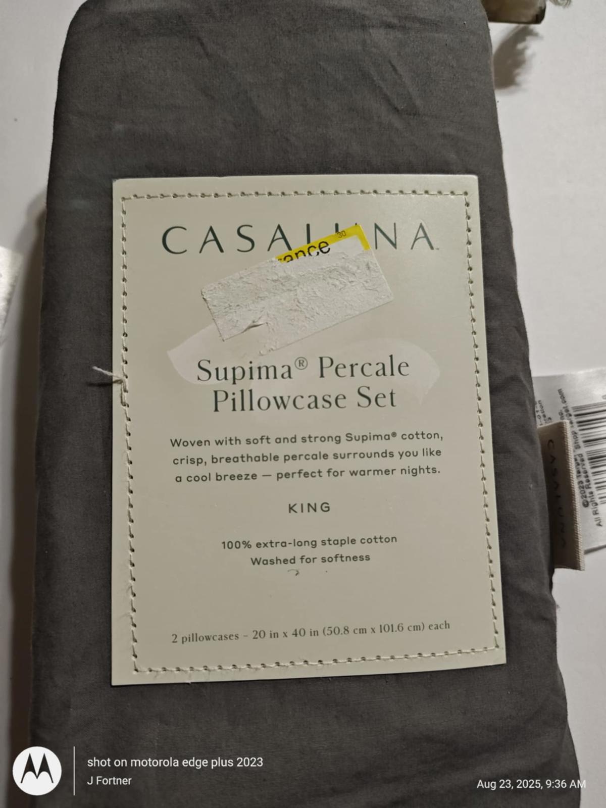 Casallina Supima® Percale Pillowcase Set in gray, featuring soft cotton fabric for a comfortable sleep.