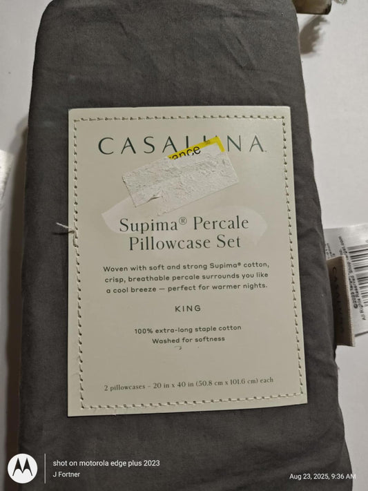 Casallina Supima® Percale Pillowcase Set in gray, featuring soft cotton fabric for a comfortable sleep.