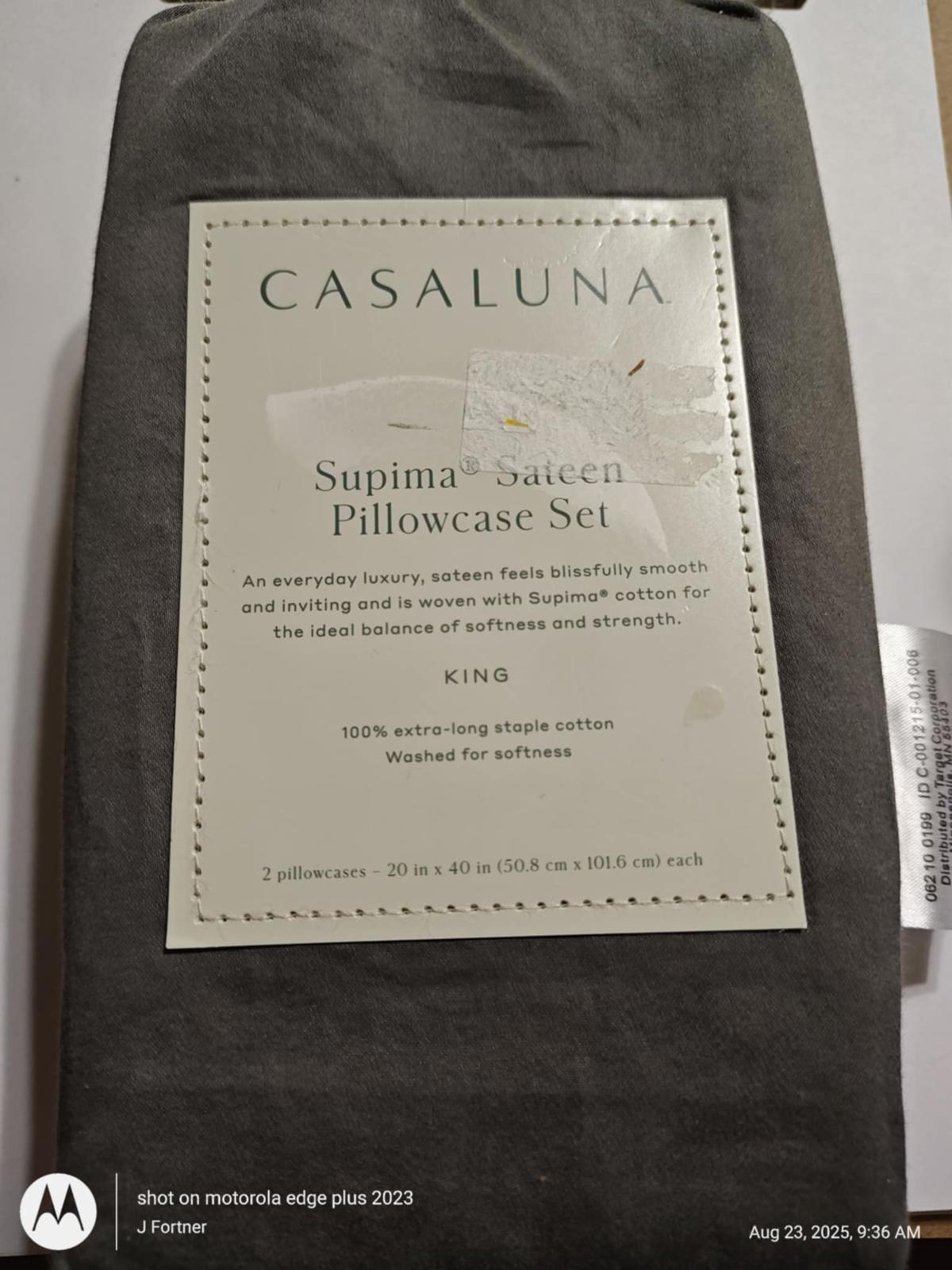 Casaluna Supima Sateen Pillowcase Set in gray, king size, soft and luxurious fabric.
