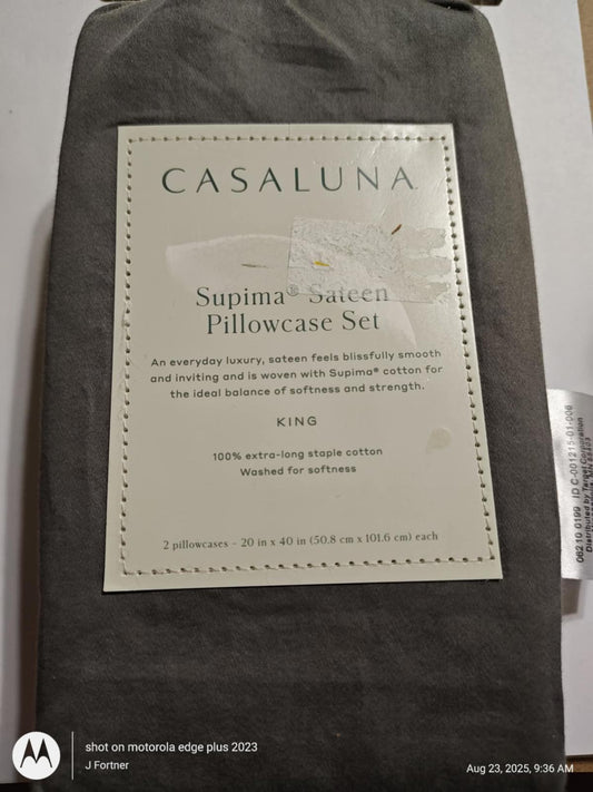 Casaluna Supima Sateen Pillowcase Set in gray, king size, soft and luxurious fabric.