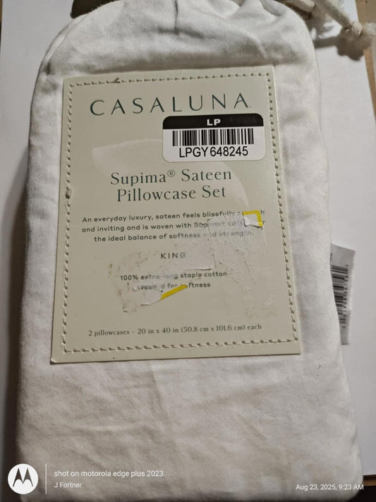 Casaluna Supima Sateen Pillowcase Set in white, featuring a luxurious soft texture and king size.