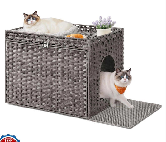 Cat house with two cats, one inside and one on top, featuring a stylish woven design.