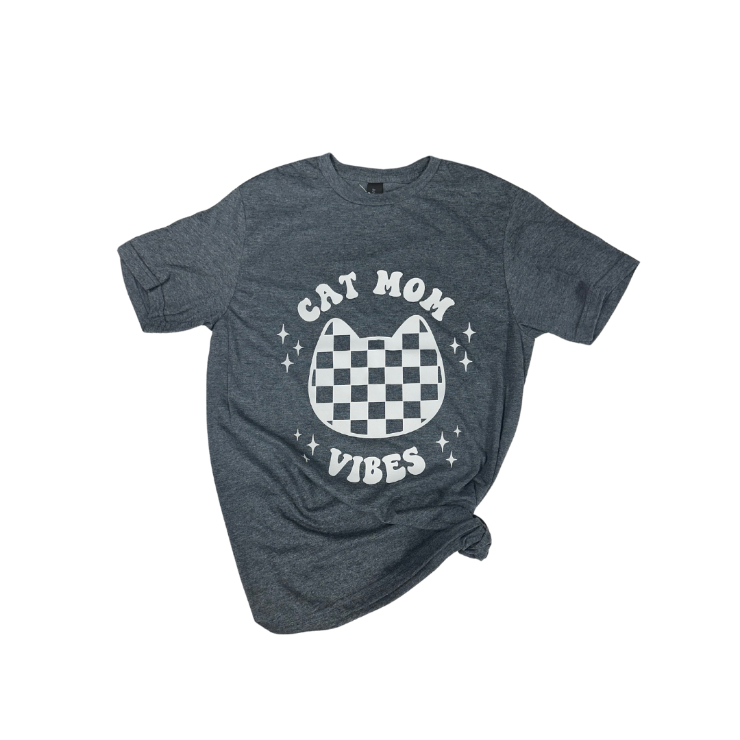 Cat Mom Vibes t-shirt featuring a checkerboard cat design in gray color.