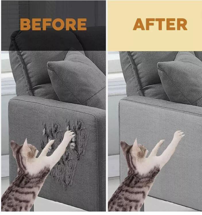 Cat Scratch Protector for Furniture shows before and after results on a gray couch.