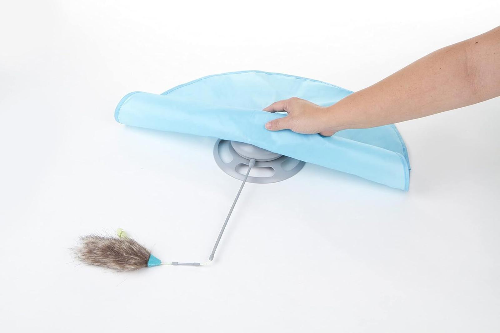 Cat Toy Feather Wand with Blue Base and Soft Cover for Interactive Play.