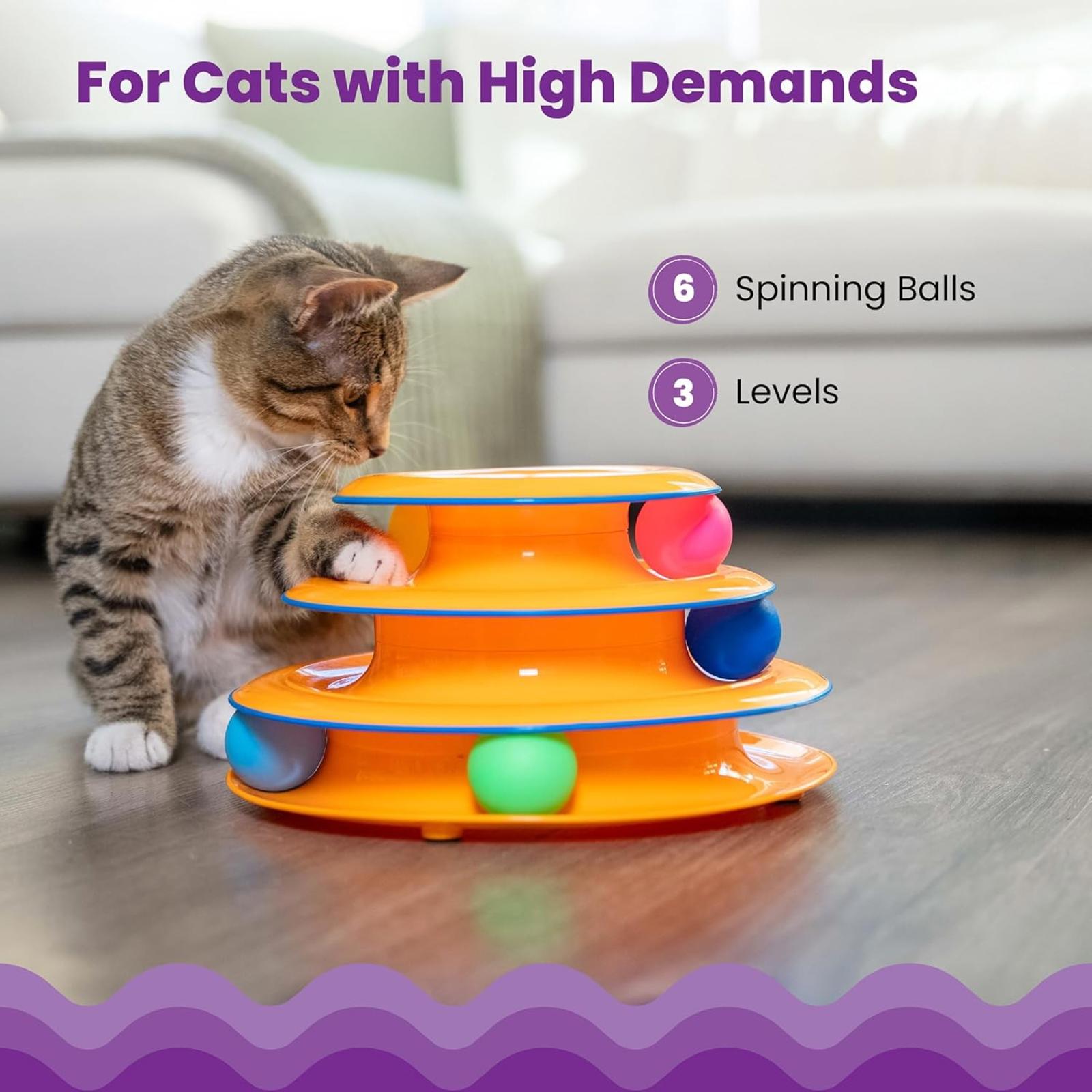 Cat toy for cats with high demands featuring 6 spinning balls and 3 levels for interactive play.