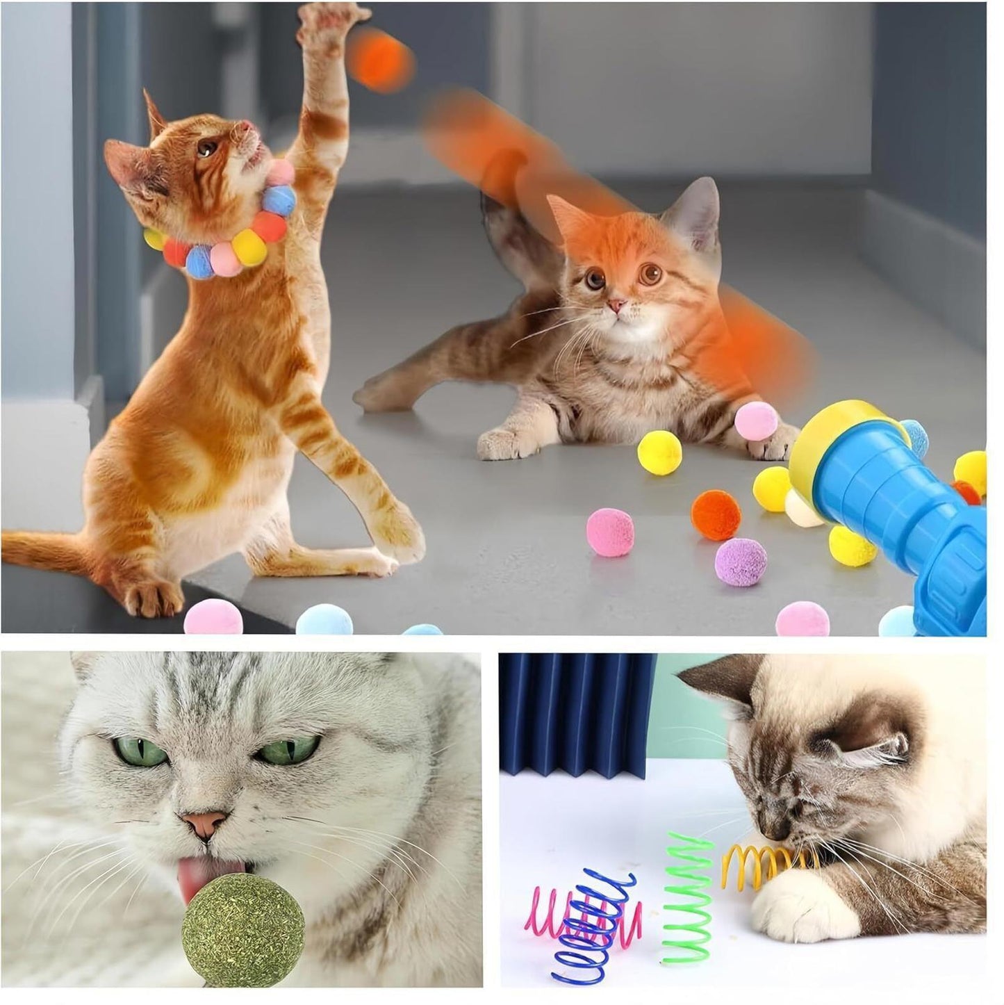 Cat Toy Set with colorful balls and spring toys for playful cats.