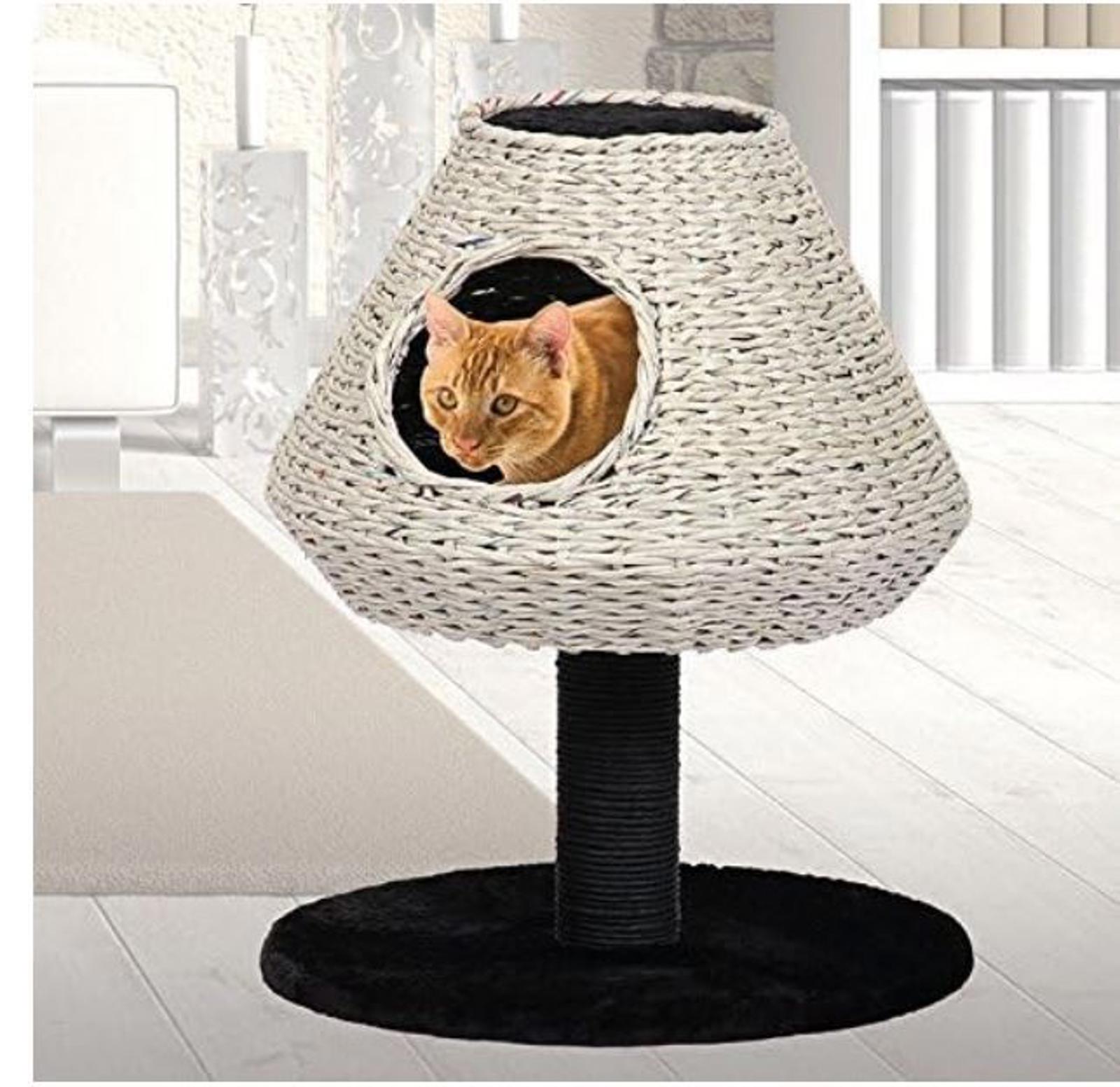 Cat Tree House with cozy hideaway for cats, featuring a woven design and sturdy base.