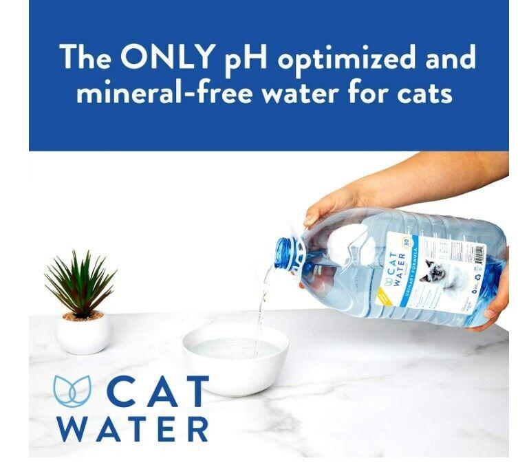 Cat Water is the ONLY pH optimized and mineral-free water for cats, shown being poured into a bowl.