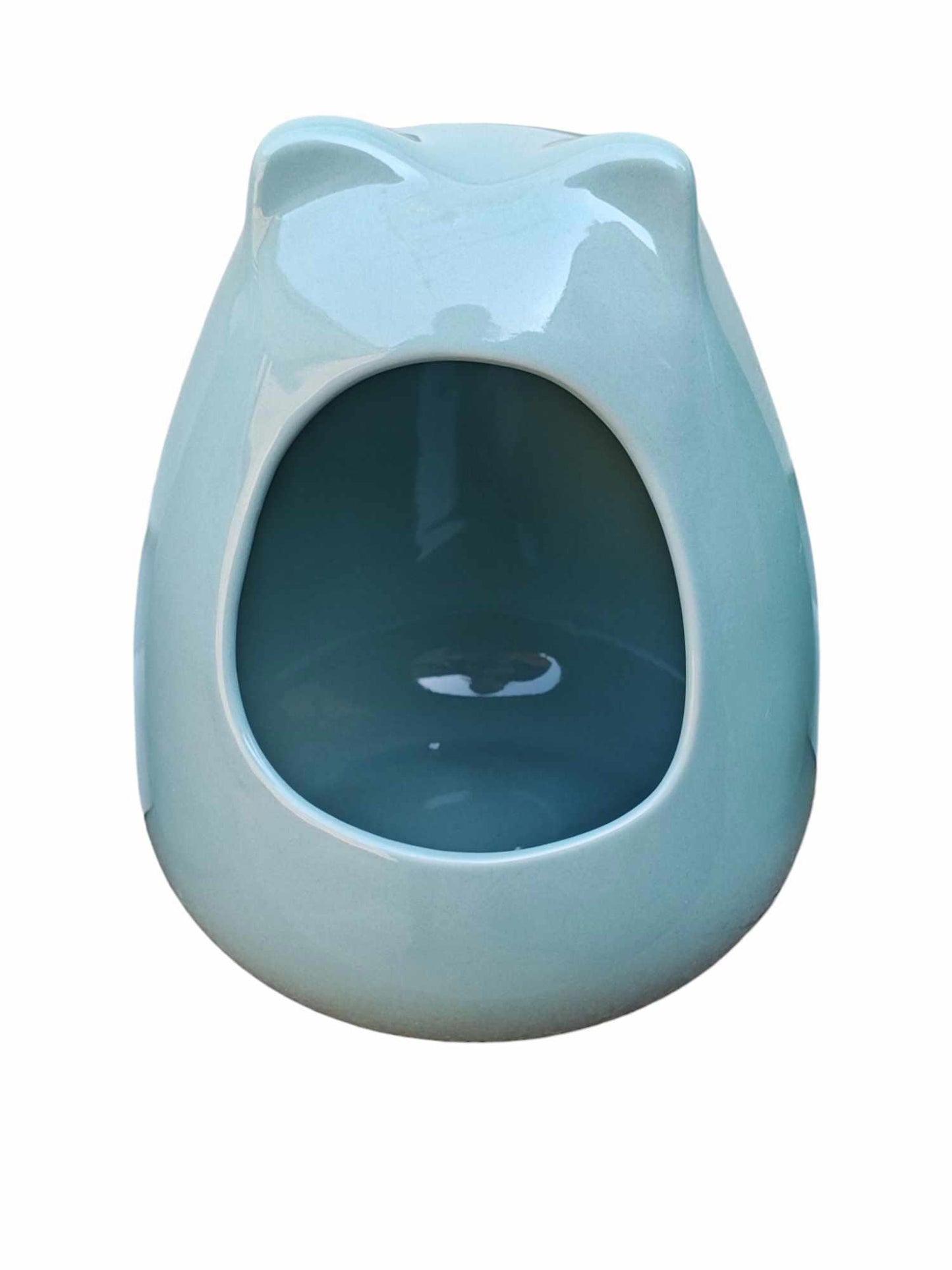 Ceramic Cat Cave Bed in light blue color with a bear design, perfect for cozy pet lounging.