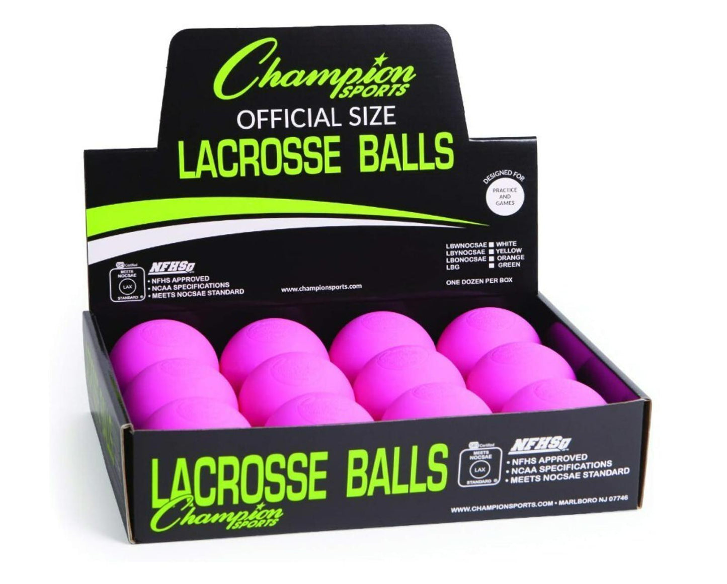Champion Sports lacrosse balls in a display box, featuring vibrant pink color and official size.