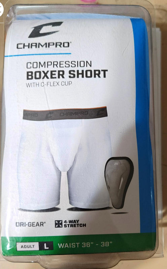 Champro compression boxer short with C-Flex cup, featuring 4-way stretch and a comfortable fit.